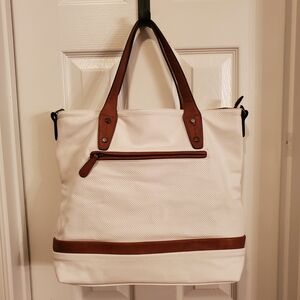 Marc Picard White Brown Perforated Faux Leather Tote Shoulder Bag